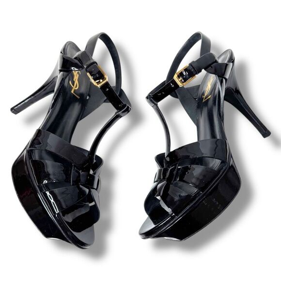 Saint Laurent Tribute Black Patent Leather Platform High Heel Sandals Size 37.5 - Picture 5 of 13